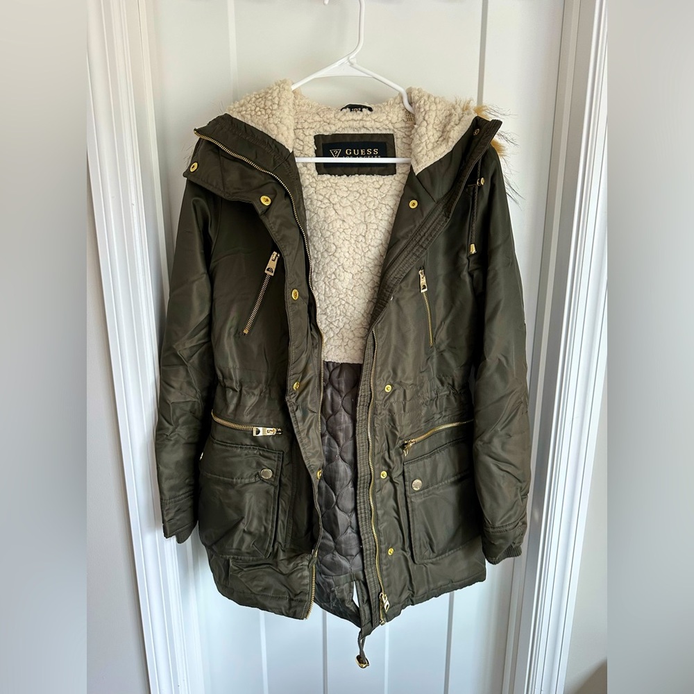 GUESS Anorak Puffer Jacket w/ Sherpa Lining + Faux Fur Hood (Small)